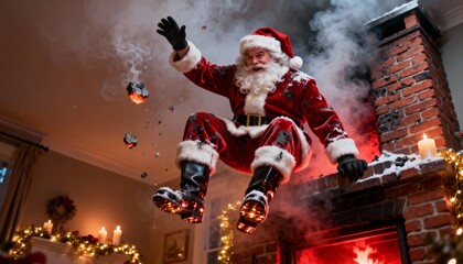 Santa claus slides down a chimney in a house with smoke and flames