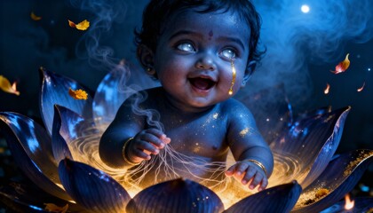 A joyful baby krishna emerges from a glowing blue lotus flower under the moonlight
