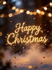 Sparkling happy christmas text illuminated by festive lights and smoke, creating a magical holiday atmosphere
