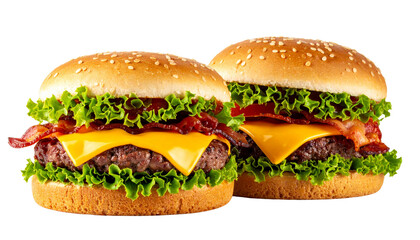 0 - Dual variations of premium bacon cheesburgers with exposed fillings isolated on transparent background