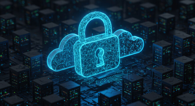 Digital cloud security concept with glowing padlock and network grid in background