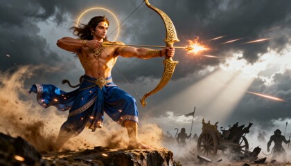 Lord rama aiming his golden bow and arrow with divine energy on the battlefield