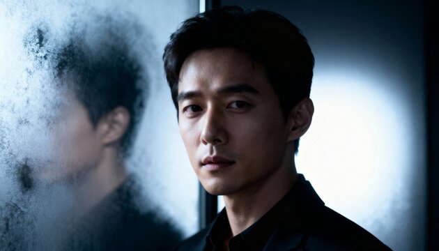 A mans face reflected in a foggy window, looking thoughtful and serious - Powered by Adobe