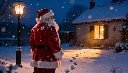 Santa claus standing in a snowy garden at night, illuminated by a lamppost and a warm house light