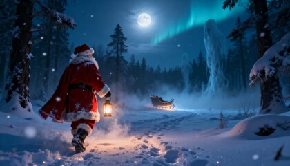 Santa claus walks through a snowy forest at night holding a lantern, with the aurora borealis in the sky