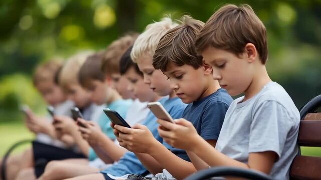 children are sitting on a bench and looking at their mobile phones. the concept of child dependence on social networks