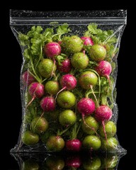 Fresh Radishes in Transparent Bag with Water Droplets