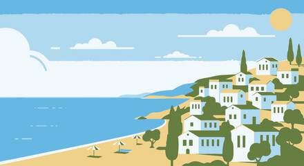 Naklejka premium Picturesque Coastal Village Illustration for Travel Brochures and Vacation Planning, Showcasing Serene Beachfront Scenery and Mediterranean Architecture