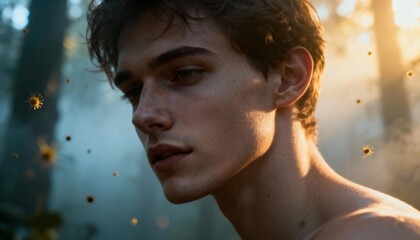 Young man with thoughtful expression in a sundappled forest, ethereal atmosphere