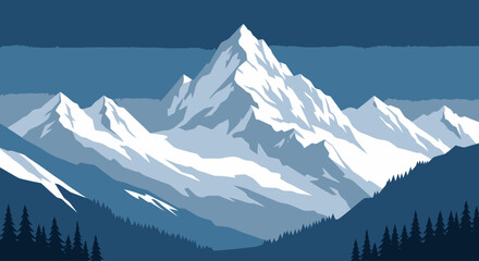 Fototapeta premium Serene mountain range illustration with snow-capped peaks, perfect for travel brochures, outdoor adventure promotions, and landscape design projects.