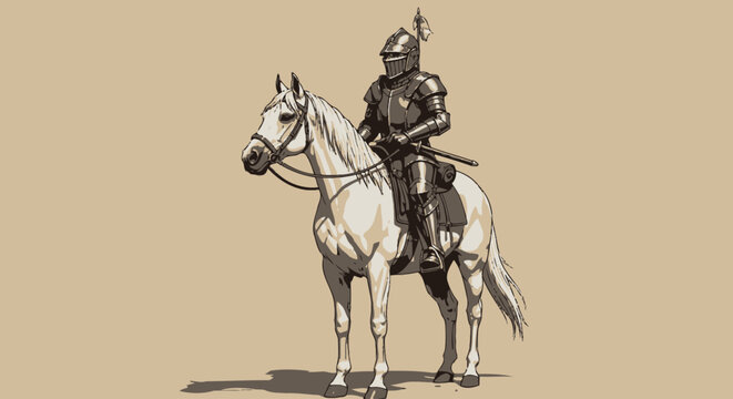 Medieval Knight on Horseback, Full Armor, Historical Illustration Depicting Chivalry, Nobility, and Equestrianism for Historical Education and Fantasy Art Projects