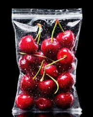 Fresh Cherries in Sealed Plastic Bag with Water Droplets