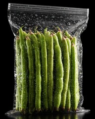 Fresh Green Beans in Clear Plastic Bag with Water Drops