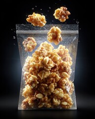 Caramel Popcorn in Clear Bag Against Dark Background