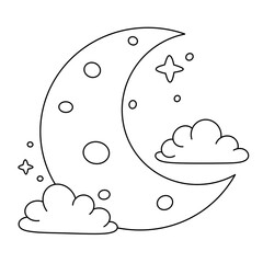 Cute crescent moon with clouds and stars isolated on transparent background.