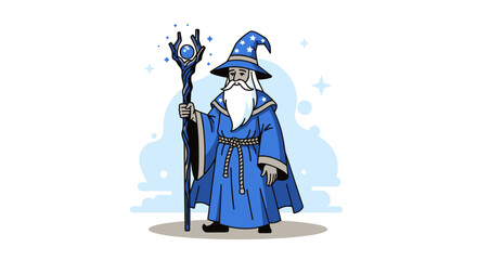 Obraz premium Cartoon Wizard Character Illustration Wearing Blue Robe and Pointed Hat, Holding Magic Staff. Ideal for Fantasy Game Design, Children's Book Illustration, or Creative Project Elements.