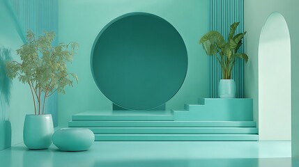 Minimalist monochromatic studio with plants and geometric shapes