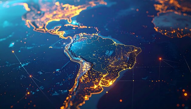 A glowing, abstract illustration of the South American continent