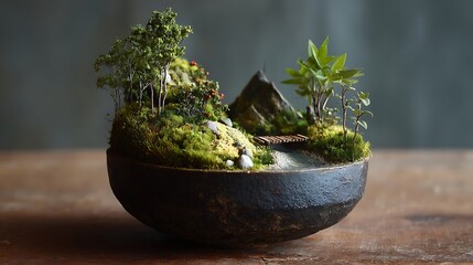 Miniature landscape in a black bowl with moss and small trees