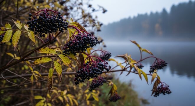 Elderberries on a Bush by a Misty Lake in Autumn.