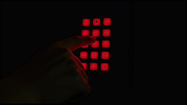 Dark Background Realistic Hand Presses Red Number Keypad