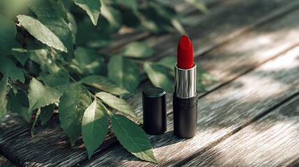 Red lipstick on a wooden surface surrounded by green leaves