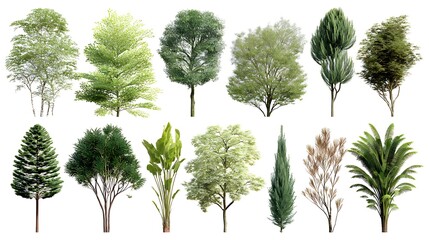 Collection of diverse trees isolated on white background