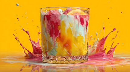 Colorful cocktail splashing on surface with yellow background