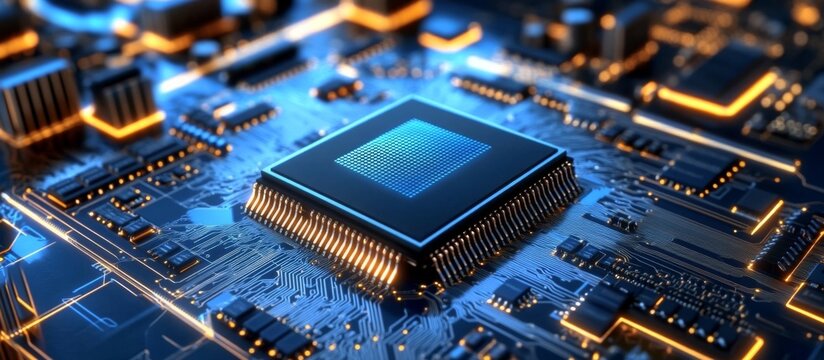 Integrated Microchip Technology Background: Futuristic AI Intelligent Network Engineering Core Data Circuit, digital mainboard chipset microprosessor