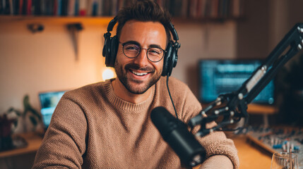 Man with glasses and headphones smiling in front of a microphone in a home studio