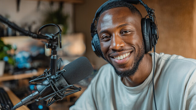 Man smiling with headphones and microphone in podcasting studio setting indoors