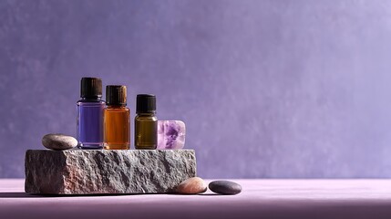 Essential oils on stone with purple background for aromatherapy