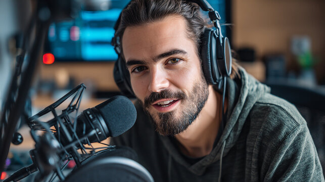 Man with headphones and microphone recording a podcast in a studio setting
