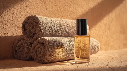 Perfume bottle and rolled towels in warm, inviting setting