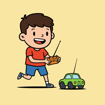 A happy cartoon boy is running and playing with a green remote-controlled (RC) car using a controller.