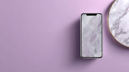 Smartphone on a lavender background with a marble plate next to it