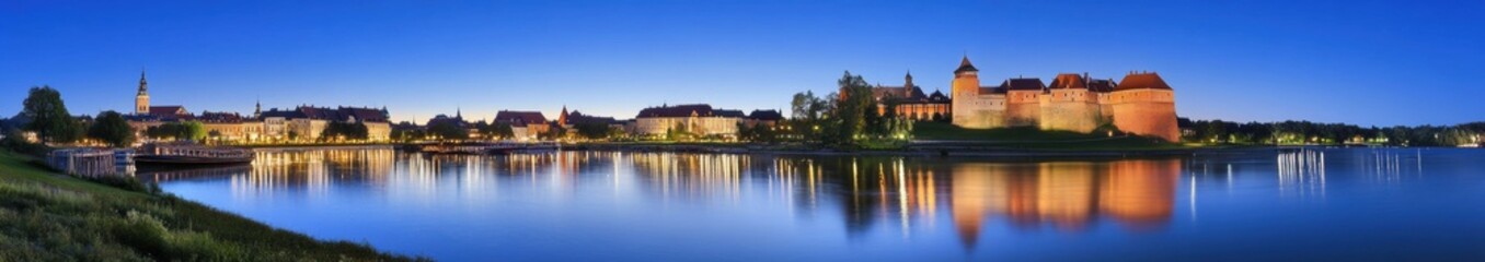 Fototapeta premium Poland Krakow Wawel Hill Night Panoramic View - Stunning Nighttime Panorama of Poland, Krakow, at night