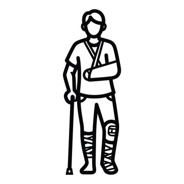 Injured person with arm sling and leg brace silhouette isolated on white background