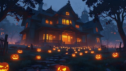 A spooky, glowing haunted house surrounded by eerie jack-o&rsquo;-lanterns under a misty Halloween night sky.