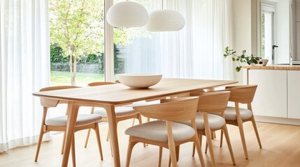 Obraz premium Serene Dining Area with Wooden Table, Stylish Chairs, Natural Light, and Greenery Inviting table