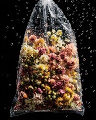 Vivid Flowers in a Bag with Water Droplets