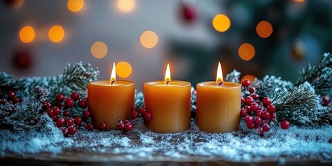 Three candles arranged neatly on a tabletop for atmospheric ambiance. group of sitting top