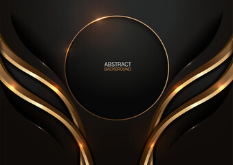 Elegant luxury black and gold circle background with golden curved lines, modern abstract premium template design for business presentation, promotional banner or cover layout, not AI generated