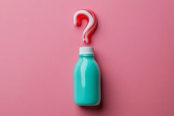 Toothpaste question mark and tube on pink background with copy space made