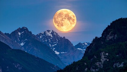 A glowing full orb rises over snow-capped peaks at dusk