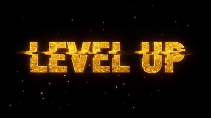 Digital 3D Animation of Level Up Text Glitching with Sparks - Powered by Adobe