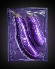 Fresh Eggplants in Transparent Packaging with Water Droplets