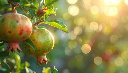 Close-up of two ripening fruits on a sunlit branch, bokeh background