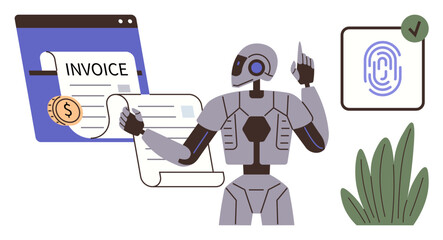 Humanoid robot pointing to digital invoice document and secure fingerprint icon with checkmark, surrounded by modern elements. Ideal for automation, fintech, AI, security, digital workflow