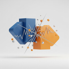 Abstract 3D geometric illustration of blue and orange shapes colliding with a sharp zigzag line, symbolizing market volatility and economic conflict.